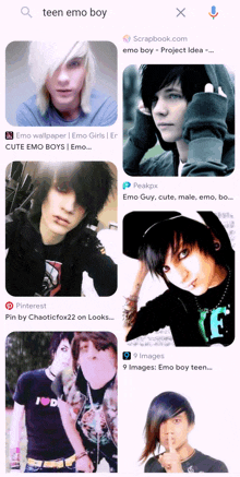 a screenshot of a search for teen emo boy on pinterest