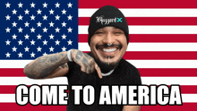 a man in front of an american flag with the words come to america on it