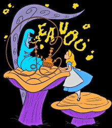 alice in wonderland is smoking a hookah on a mushroom while the caterpillar is sitting on a mushroom .