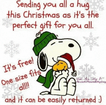 snoopy and woodstock are hugging each other in a christmas greeting card .