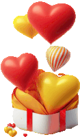 a gift box with red and yellow hearts and balloons coming out of it