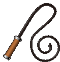 a whip with a brown handle and a spiral on the end .