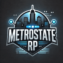 a logo for metrostate rp with a cityscape in the background