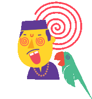 a cartoon drawing of a man with a spiral around his head and a parrot