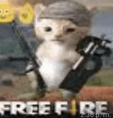 a cat is holding a gun in front of a free fire logo .