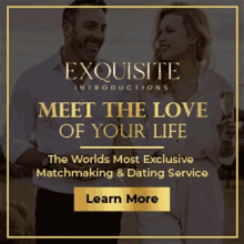 an advertisement for exquisite introductions shows a man and a woman holding hands