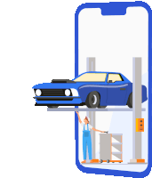 an illustration of a car on a lift with a mechanic standing next to it