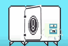 a pixel art drawing of a safe with an exclamation point on the door