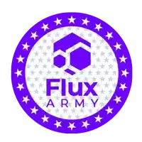 a logo for flux army has a purple circle with stars around it