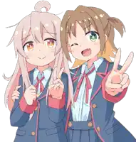 two anime girls in school uniforms are giving a peace sign