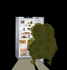 a cartoon of a frog looking into a refrigerator