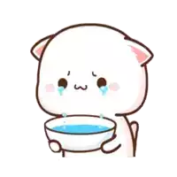 a cute cartoon cat is holding a bowl of water and crying .