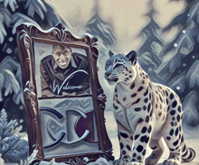 a painting of a leopard standing next to a frame that says welcome