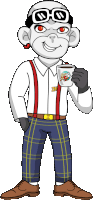 a cartoon of a man holding a cup of coffee with the letter z on his shirt