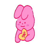 a pink bunny is holding a heart with a letter r on it