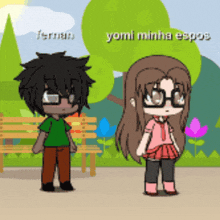 a cartoon of a boy and a girl standing next to each other with yomi minha esposa written on the bottom right