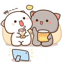 a cartoon of two cats sitting next to each other with one holding a cup of chips