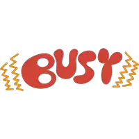 a red and yellow logo for busy with a white background