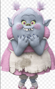 a troll wearing a pink dress and apron has a surprised look on her face