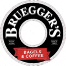 the logo for bruegger 's bagels and coffee is a black and white circle with a red ribbon .