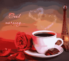 a cup of coffee is on a saucer next to a red rose and the words good morning