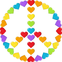 a peace sign made up of rainbow colored hearts