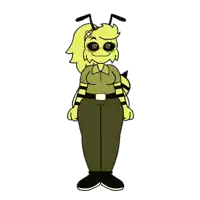 a cartoon drawing of a woman dressed as a bee wearing a polo shirt and khaki pants .