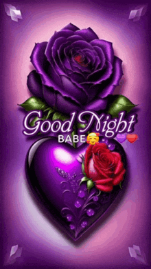 a purple heart with a purple rose in it and the words good night babe