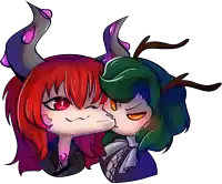 a drawing of a girl with red hair kissing another girl with green hair and horns