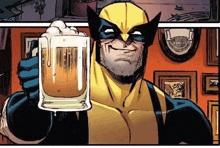 wolverine is holding a glass of beer in his hand in a comic book .