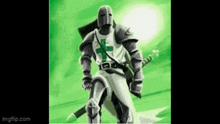 a knight in armor with a green cross on his chest holding a sword .