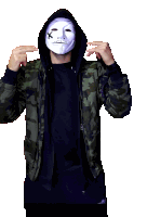 a man wearing a camouflage jacket and a white mask with an x on it