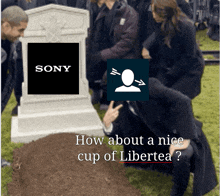 a man kneeling in front of a grave with a sony logo