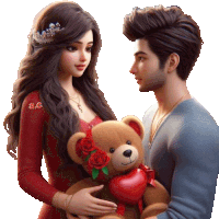 a man and a woman holding a teddy bear with roses on it