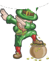 a leprechaun is standing next to a pot of gold and making a dab .