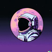 a drawing of an astronaut with his mouth open in front of a pink moon