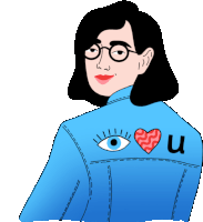 a woman wearing glasses and a blue jacket that says i love u on the back