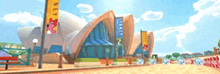 a cartoon drawing of the sydney opera house with a blue sky in the background