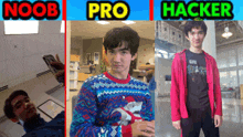 three pictures of a young man with the words noob pro hacker written above them