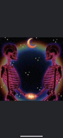 two skeletons are holding hands under a crescent moon in a psychedelic painting .