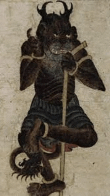 a painting of a demon with horns holding a cane and a sword .