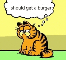 garfield the cat is thinking about getting a burger