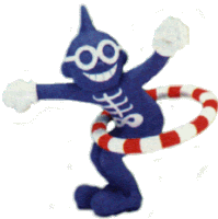 a blue and white stuffed animal with a hoop around his waist