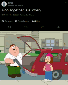 a cartoon of peter griffin holding a gun and meg griffin standing next to a red car