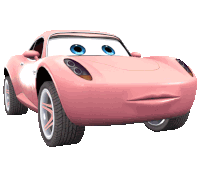 a pink cartoon car with blue eyes and a sad look on its face