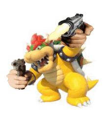 a cartoon character is holding a gun with a bullet coming out of it