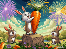 a rabbit holding a carrot on top of a stump with fireworks behind it