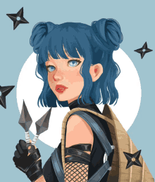 a drawing of a girl with blue hair holding a pair of knives