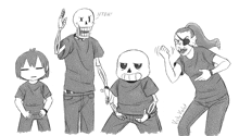 a black and white drawing of a group of skeletons including papyrus and undertale