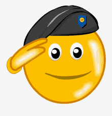 a smiley face wearing a black beret with a blue shield on it salutes